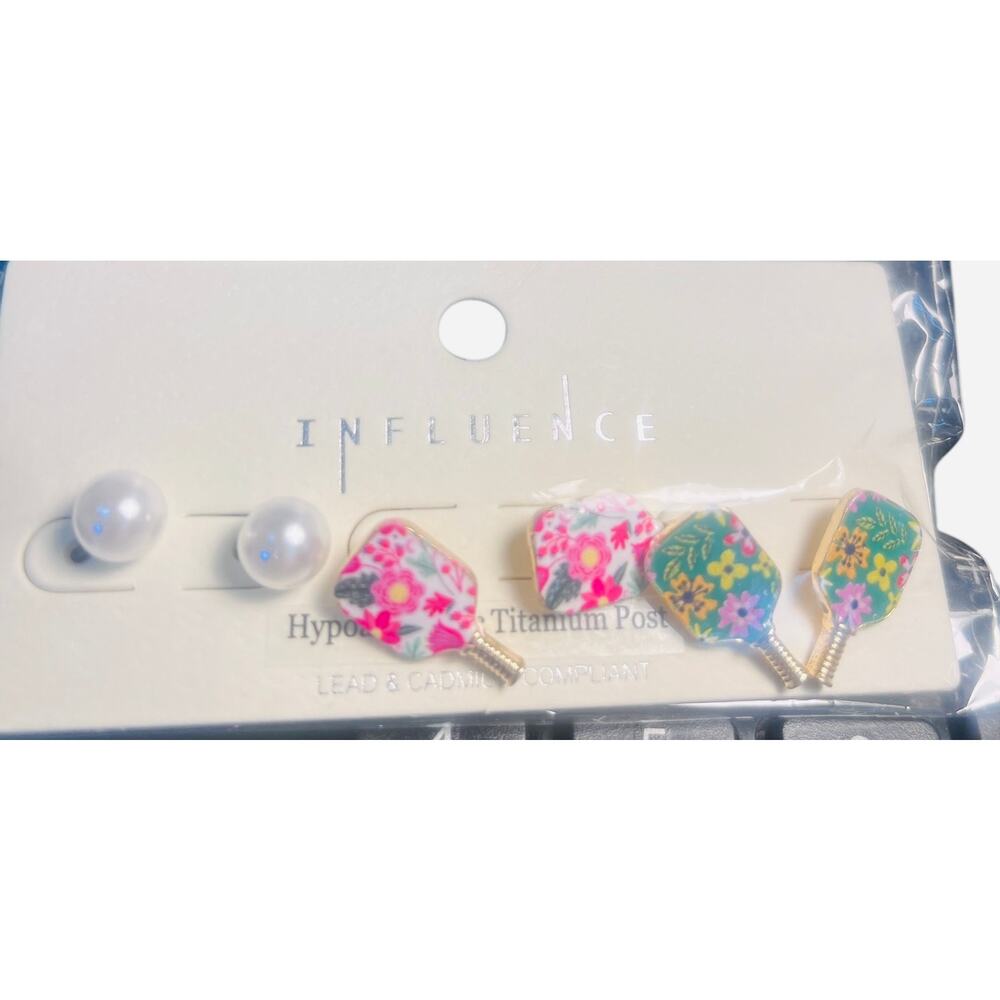 Influence Set of 3 Pickleball Pierced Earrings 2 paddles and 1 Pearl NWT